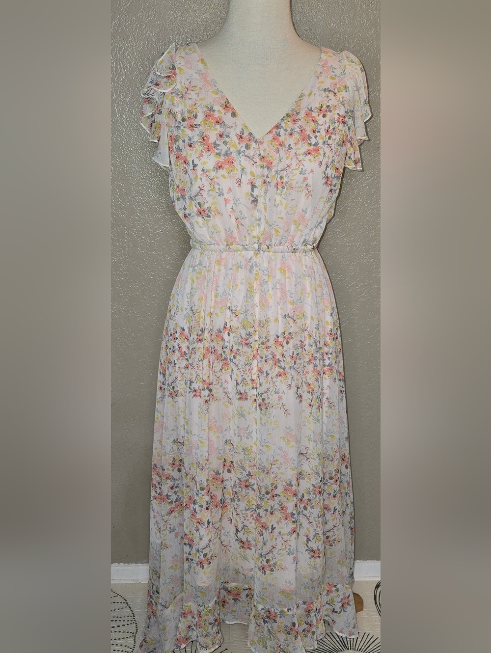 Floral White Maxi Dress with Pink and Yellow Accents